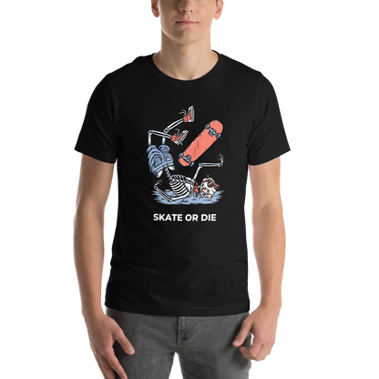 Man wearing a Black Premium Skate or Die Tee featuring a daring Skeleton Falling While Skateboarding graphic on the chest - Funny Graphic Skeleton Tees - Boozy Fox