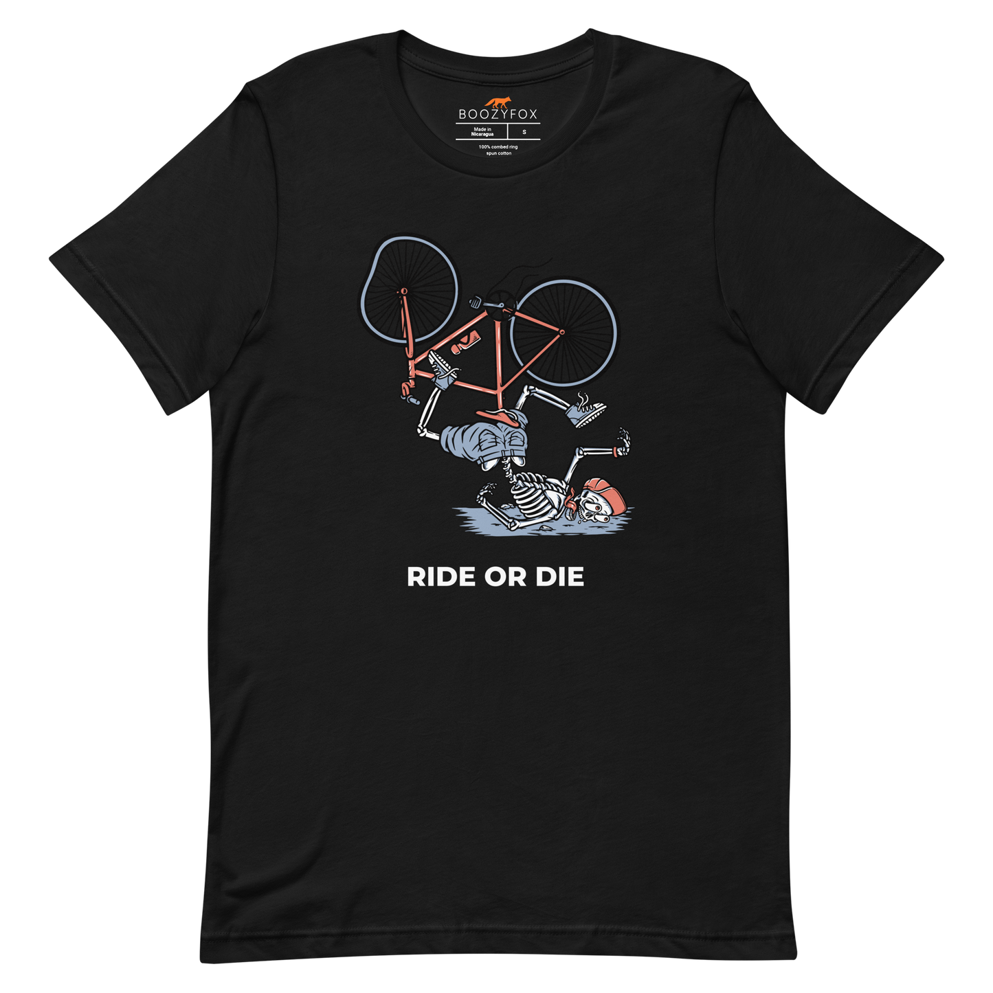 Black Premium Ride or Die Tee featuring a bold Skeleton Falling While Riding a Bicycle graphic on the chest - Funny Graphic Skeleton Tees - Boozy Fox