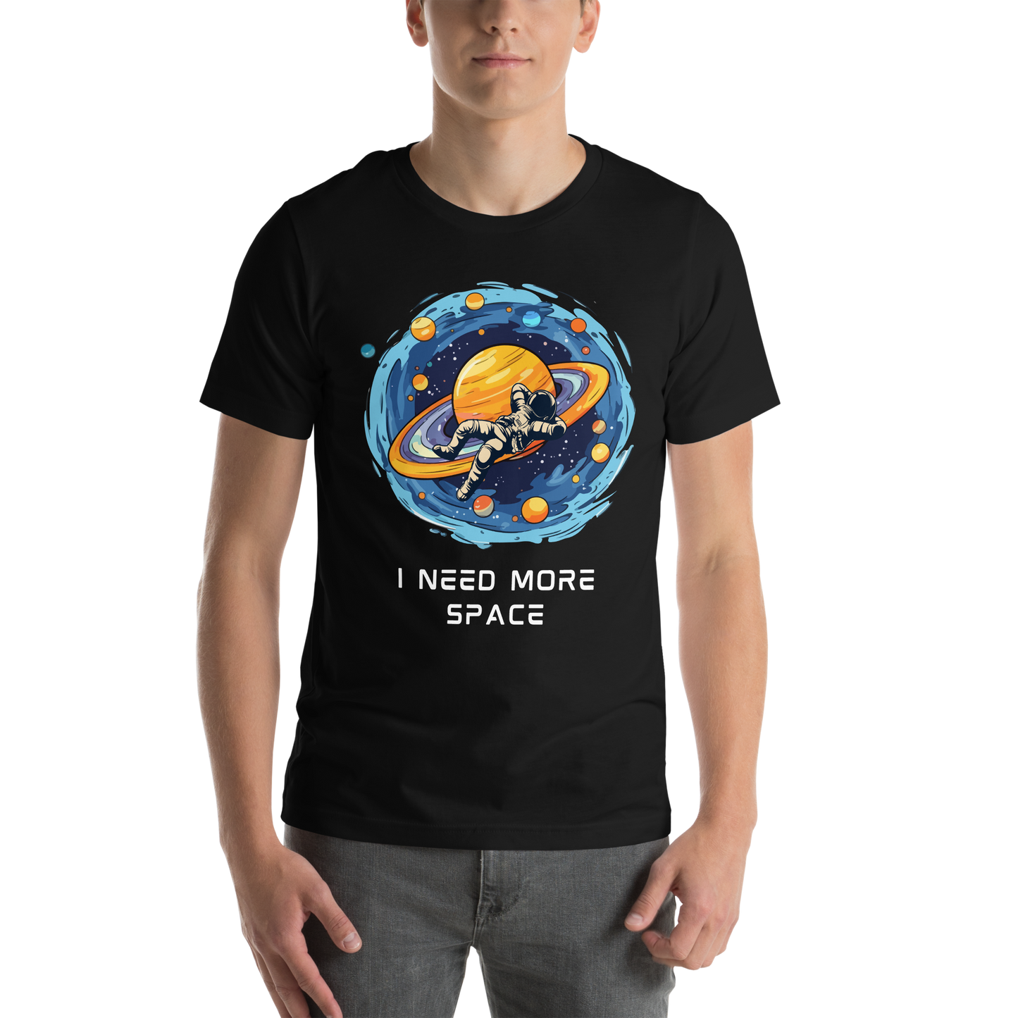 Man wearing a Black Premium Astronaut Tee featuring a captivating I Need More Space graphic on the chest - Funny Graphic Space Tees - Boozy Fox