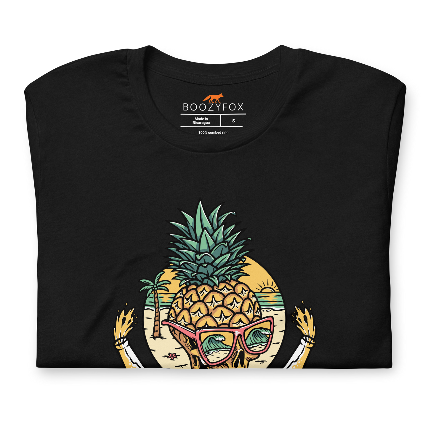 Front details of a Black Premium Tropical Mayhem Tee featuring a Crazy Pineapple Skull graphic on the chest - Funny Graphic Pineapple Tees - Boozy Fox