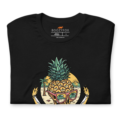 Front details of a Black Premium Tropical Mayhem Tee featuring a Crazy Pineapple Skull graphic on the chest - Funny Graphic Pineapple Tees - Boozy Fox