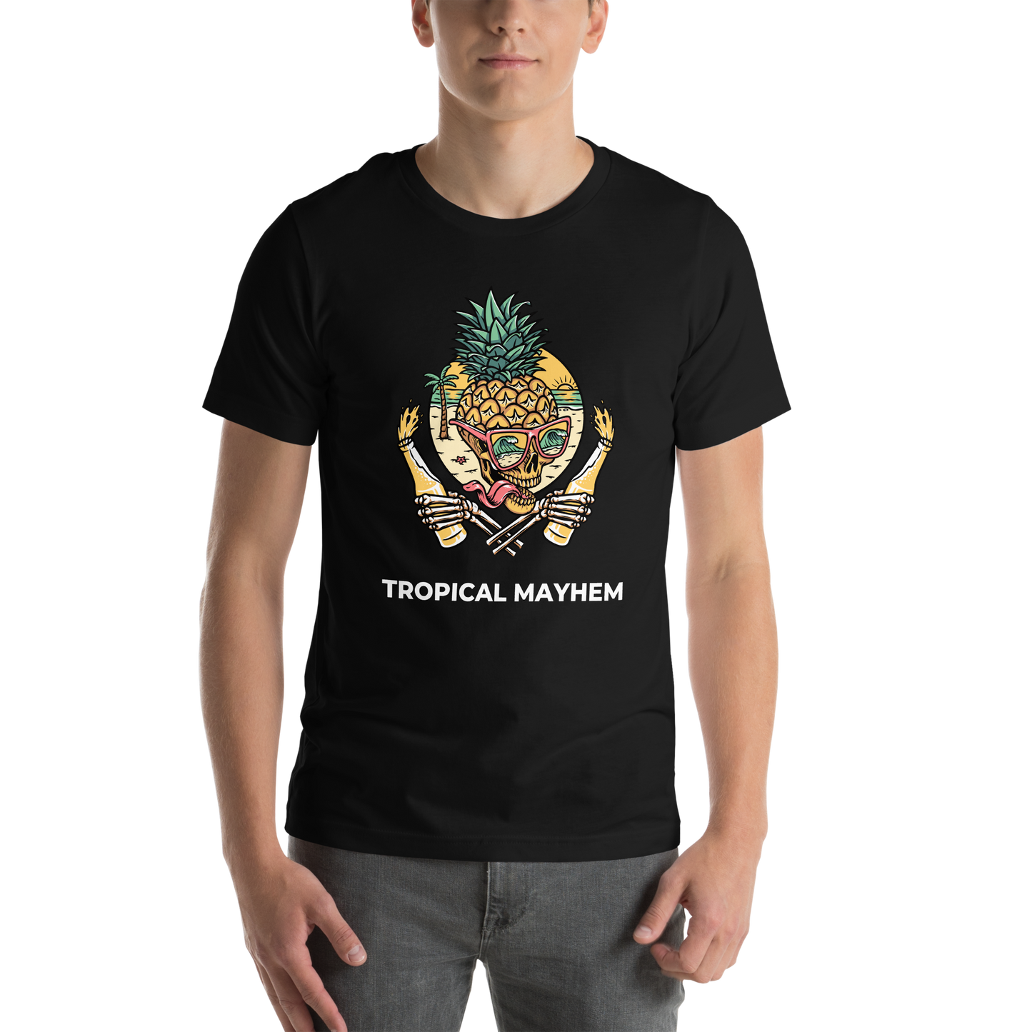 Man wearing a Black Premium Tropical Mayhem Tee featuring a Crazy Pineapple Skull graphic on the chest - Funny Graphic Pineapple Tees - Boozy Fox