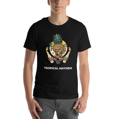 Man wearing a Black Premium Tropical Mayhem Tee featuring a Crazy Pineapple Skull graphic on the chest - Funny Graphic Pineapple Tees - Boozy Fox