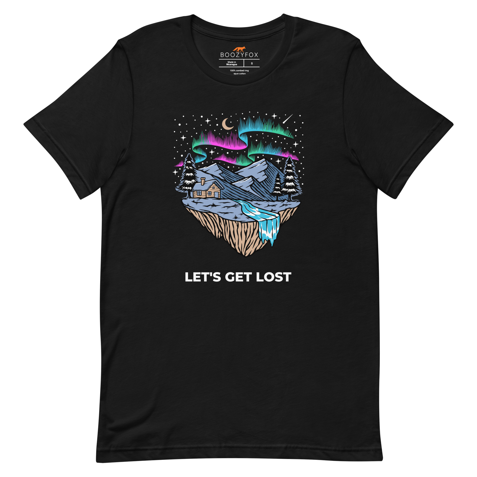 Black Premium Let's Get Lost Tee featuring a mesmerizing night sky, adorned with stars and aurora borealis graphic on the chest - Cool Graphic Northern Lights Tees - Boozy Fox