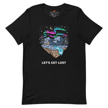 Black Premium Let's Get Lost Tee featuring a mesmerizing night sky, adorned with stars and aurora borealis graphic on the chest - Cool Graphic Northern Lights Tees - Boozy Fox