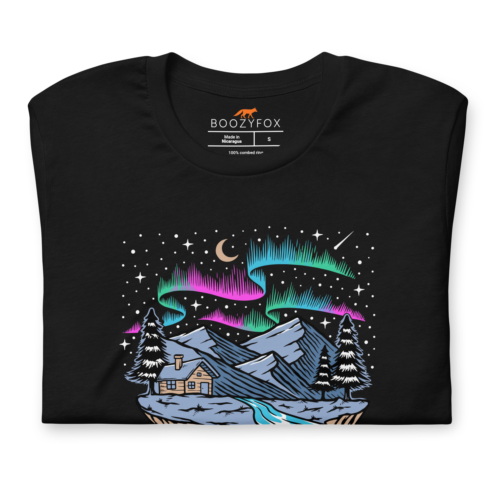 Front details of a Black Premium Let's Get Lost Tee featuring a mesmerizing night sky, adorned with stars and aurora borealis graphic on the chest - Cool Graphic Northern Lights Tees - Boozy Fox