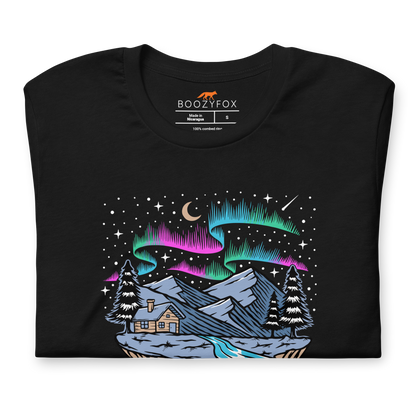 Front details of a Black Premium Let's Get Lost Tee featuring a mesmerizing night sky, adorned with stars and aurora borealis graphic on the chest - Cool Graphic Northern Lights Tees - Boozy Fox