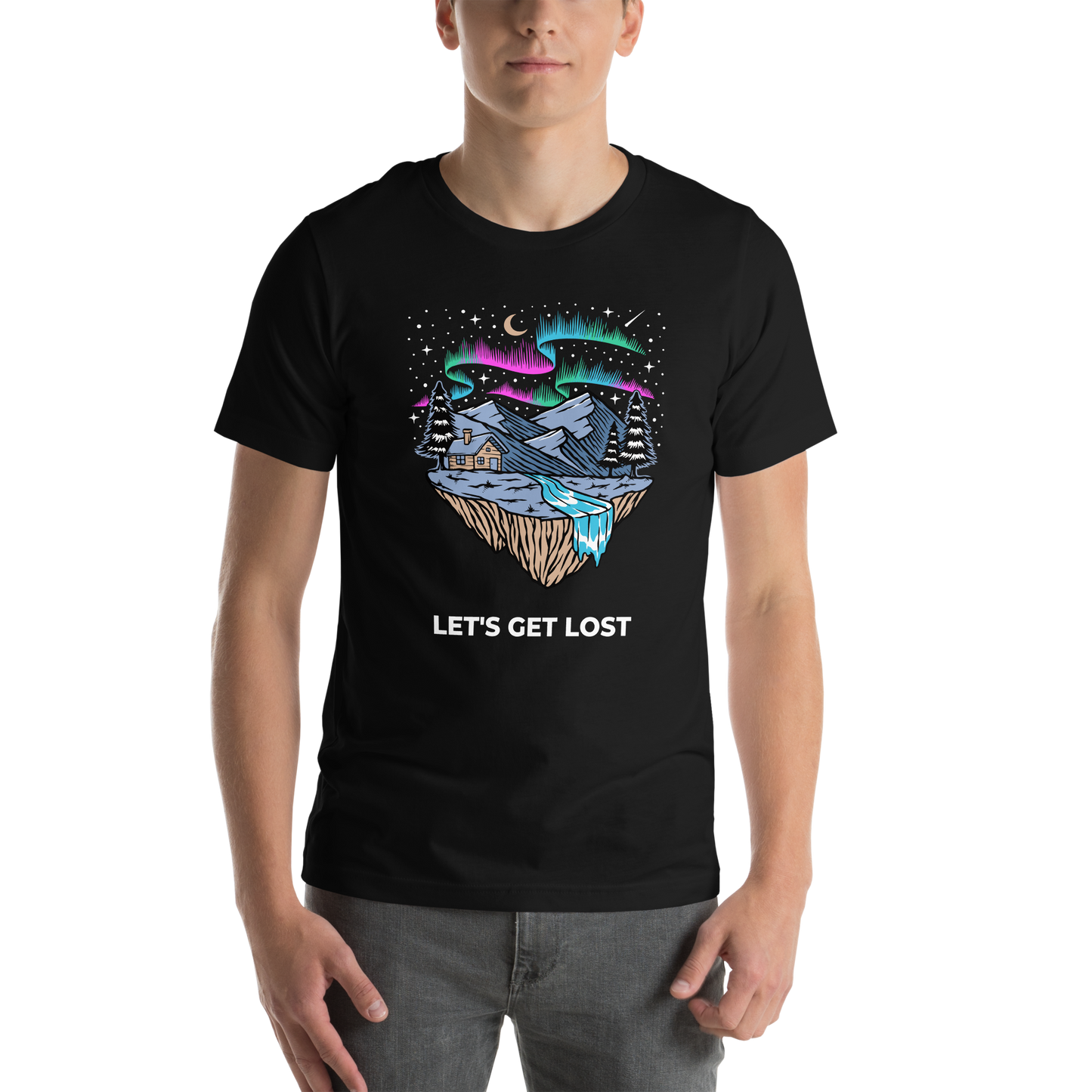 Man wearing a Black Premium Let's Get Lost Tee featuring a mesmerizing night sky, adorned with stars and aurora borealis graphic on the chest - Cool Graphic Northern Lights Tees - Boozy Fox