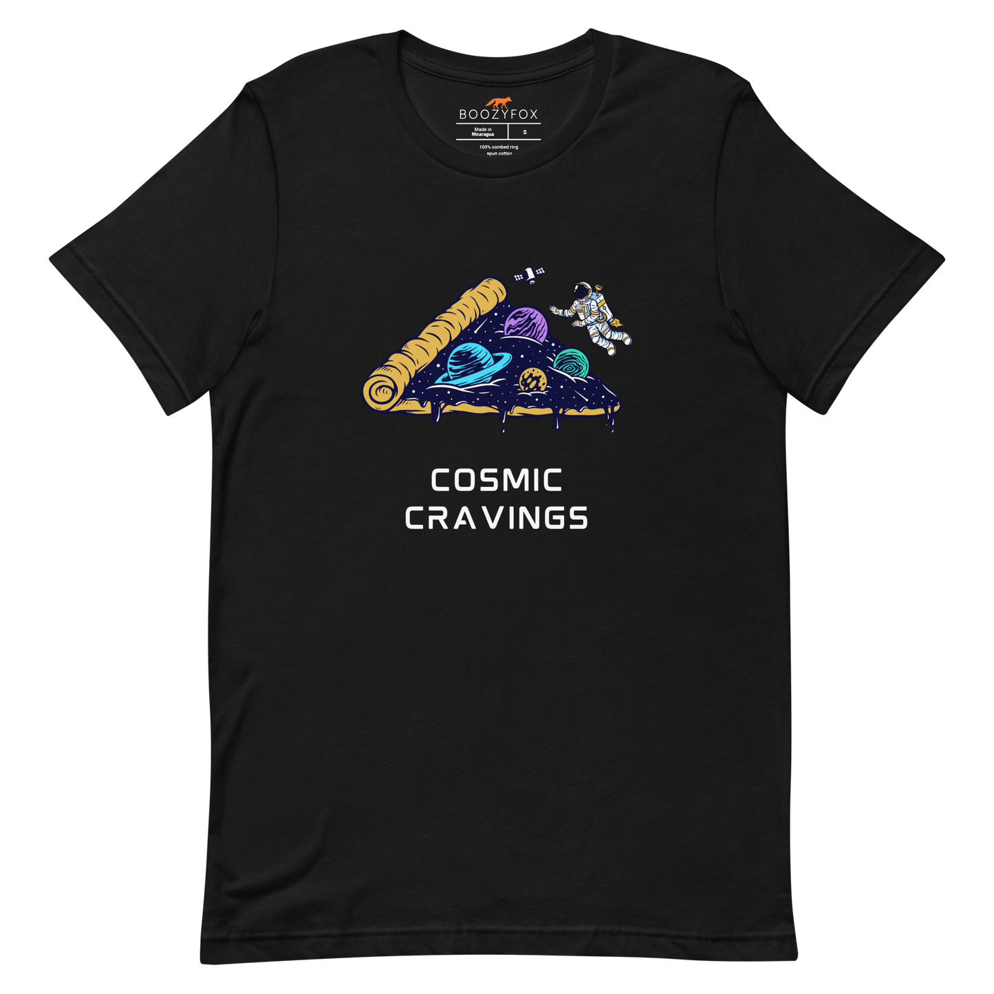 Black Premium Cosmic Cravings Tee featuring an Astronaut Exploring a Pizza Universe graphic on the chest - Funny Graphic Space Tees - Boozy Fox