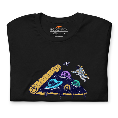 Front details of a Black Premium Cosmic Cravings Tee featuring an Astronaut Exploring a Pizza Universe graphic on the chest - Funny Graphic Space Tees - Boozy Fox