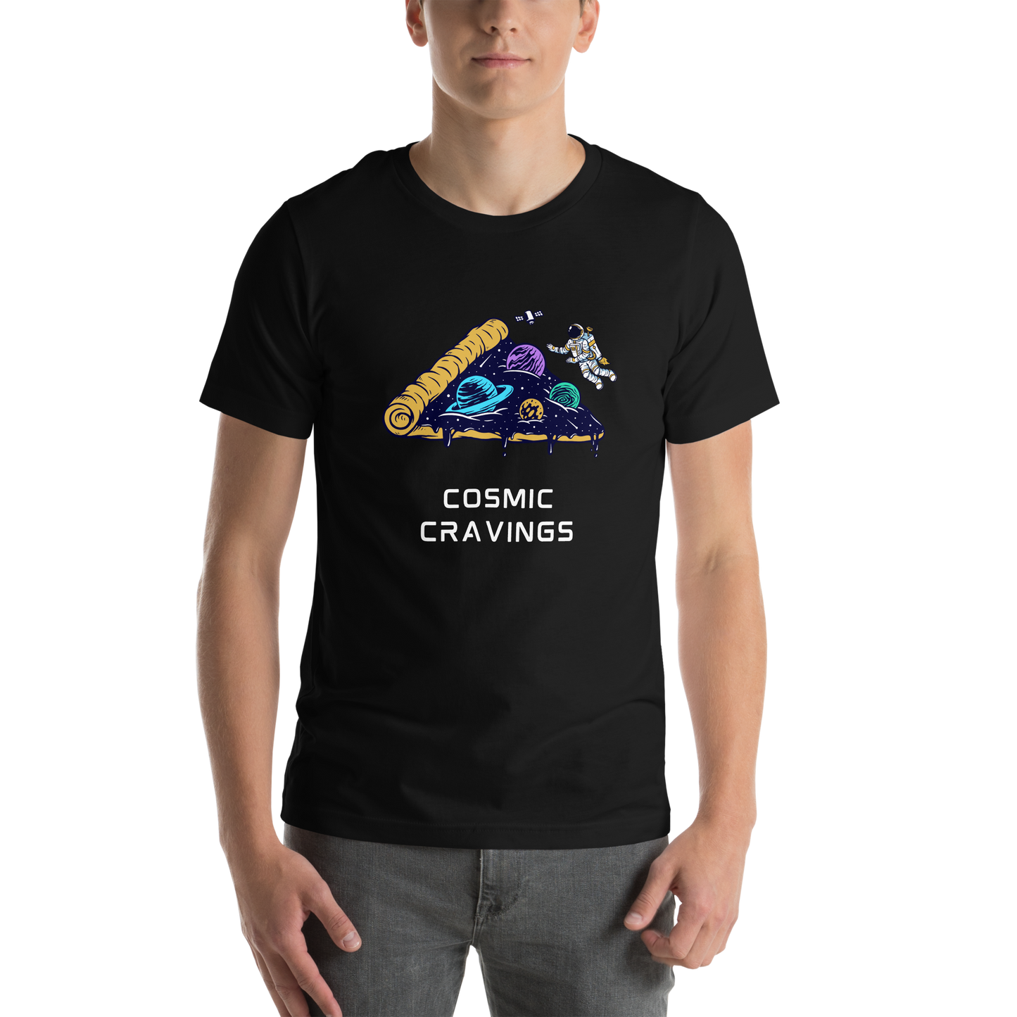 Man wearing a Black Premium Cosmic Cravings Tee featuring an Astronaut Exploring a Pizza Universe graphic on the chest - Funny Graphic Space Tees - Boozy Fox