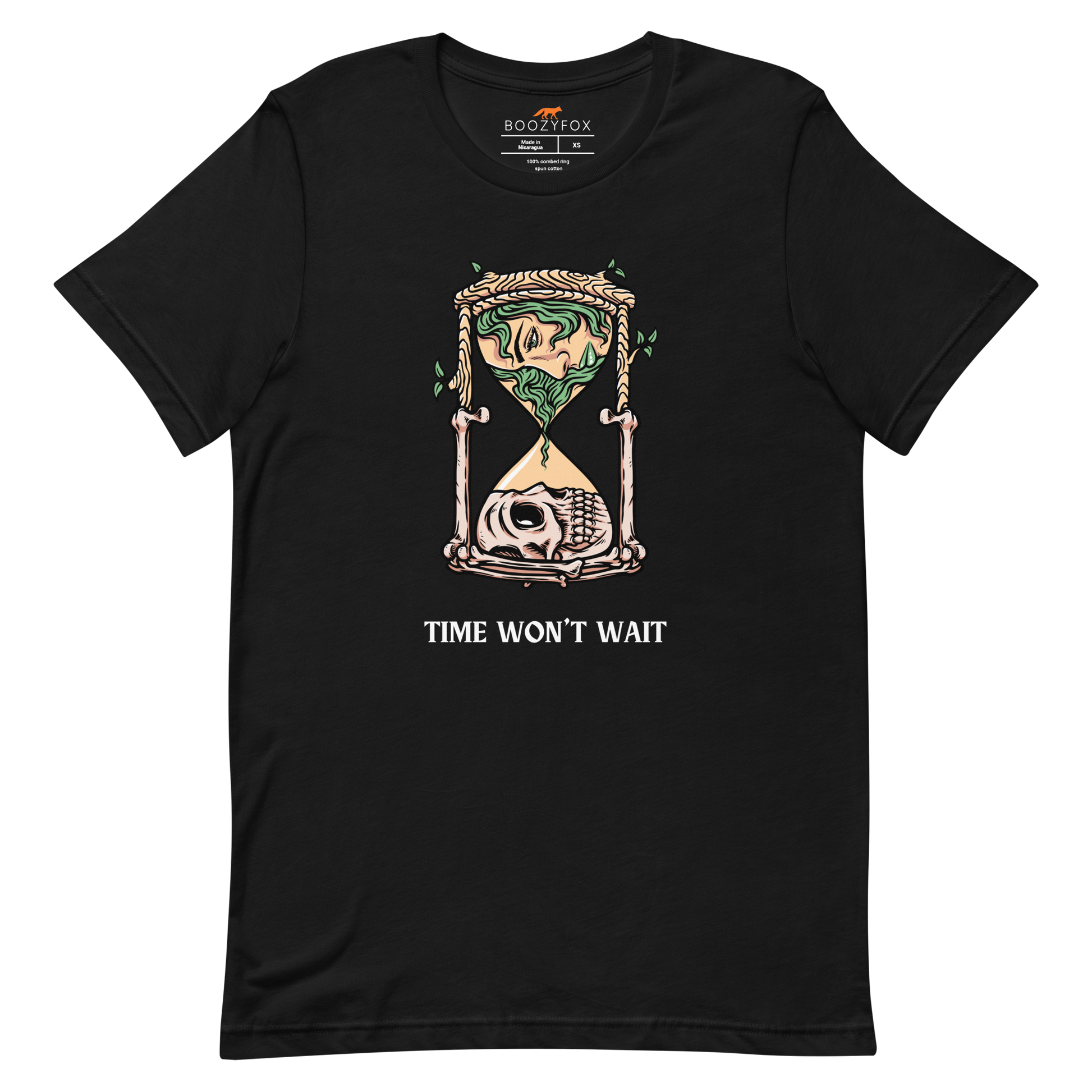Black Premium Hourglass Tee featuring a captivating Time Won't Wait graphic on the chest - Cool Graphic Hourglass Tees - Boozy Fox
