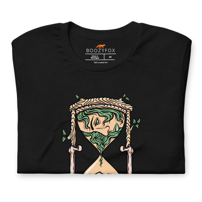 Front details of a Black Premium Hourglass Tee featuring a captivating Time Won't Wait graphic on the chest - Cool Graphic Hourglass Tees - Boozy Fox