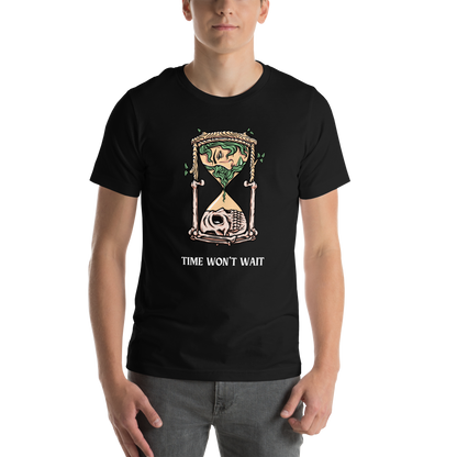 Man wearing a Black Premium Hourglass Tee featuring a captivating Time Won't Wait graphic on the chest - Cool Graphic Hourglass Tees - Boozy Fox
