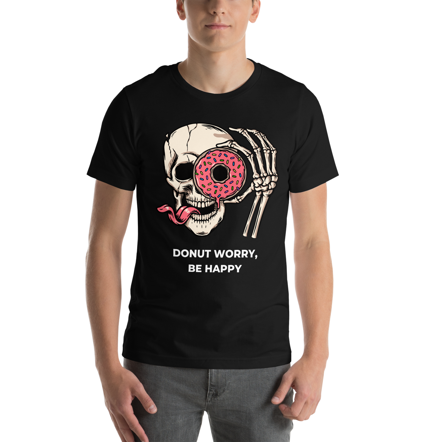 Man wearing a Black Donut Worry Be Happy Tee - Boozy Fox