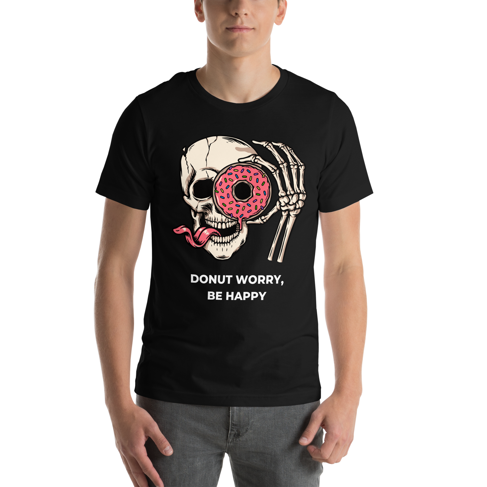 Man wearing a Black Donut Worry Be Happy Tee - Boozy Fox