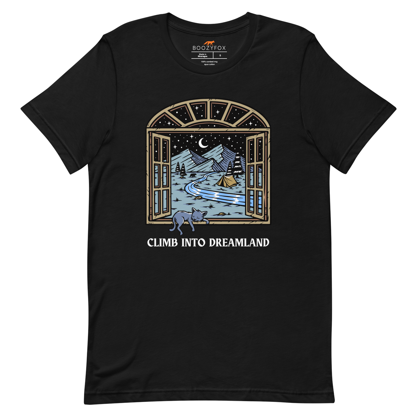 Black Premium Climb Into Dreamland Tee featuring a mesmerizing mountain view graphic on the chest - Cool Graphic Nature Tees - Boozy Fox