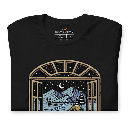 Front details of a Black Premium Climb Into Dreamland Tee featuring a mesmerizing mountain view graphic on the chest - Cool Graphic Nature Tees - Boozy Fox