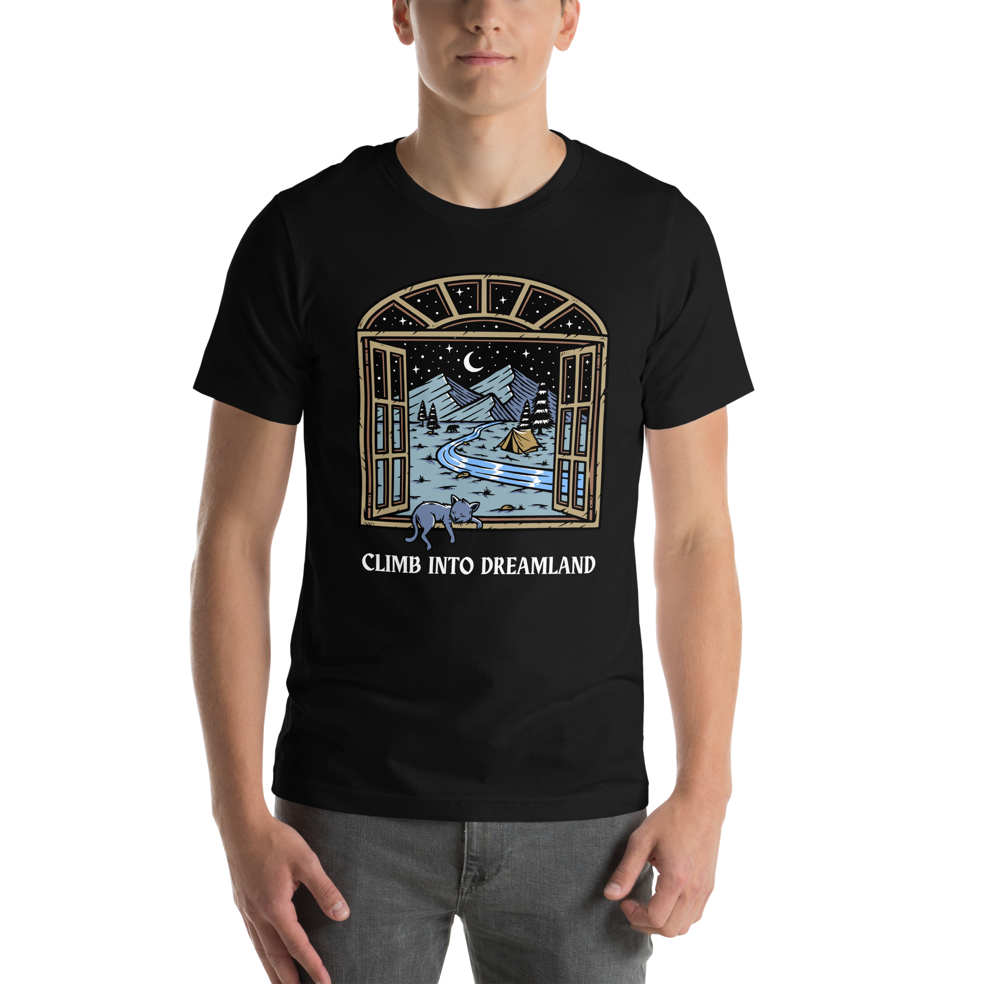 Man wearing a Black Premium Climb Into Dreamland Tee featuring a mesmerizing mountain view graphic on the chest - Cool Graphic Nature Tees - Boozy Fox