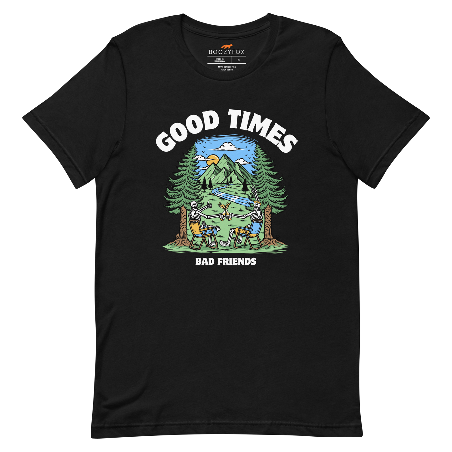 Black Premium Good Times Bad Friends Tee featuring a lively graphic of friends enjoying a beer in nature - Funny Graphic Nature Tees - Boozy Fox