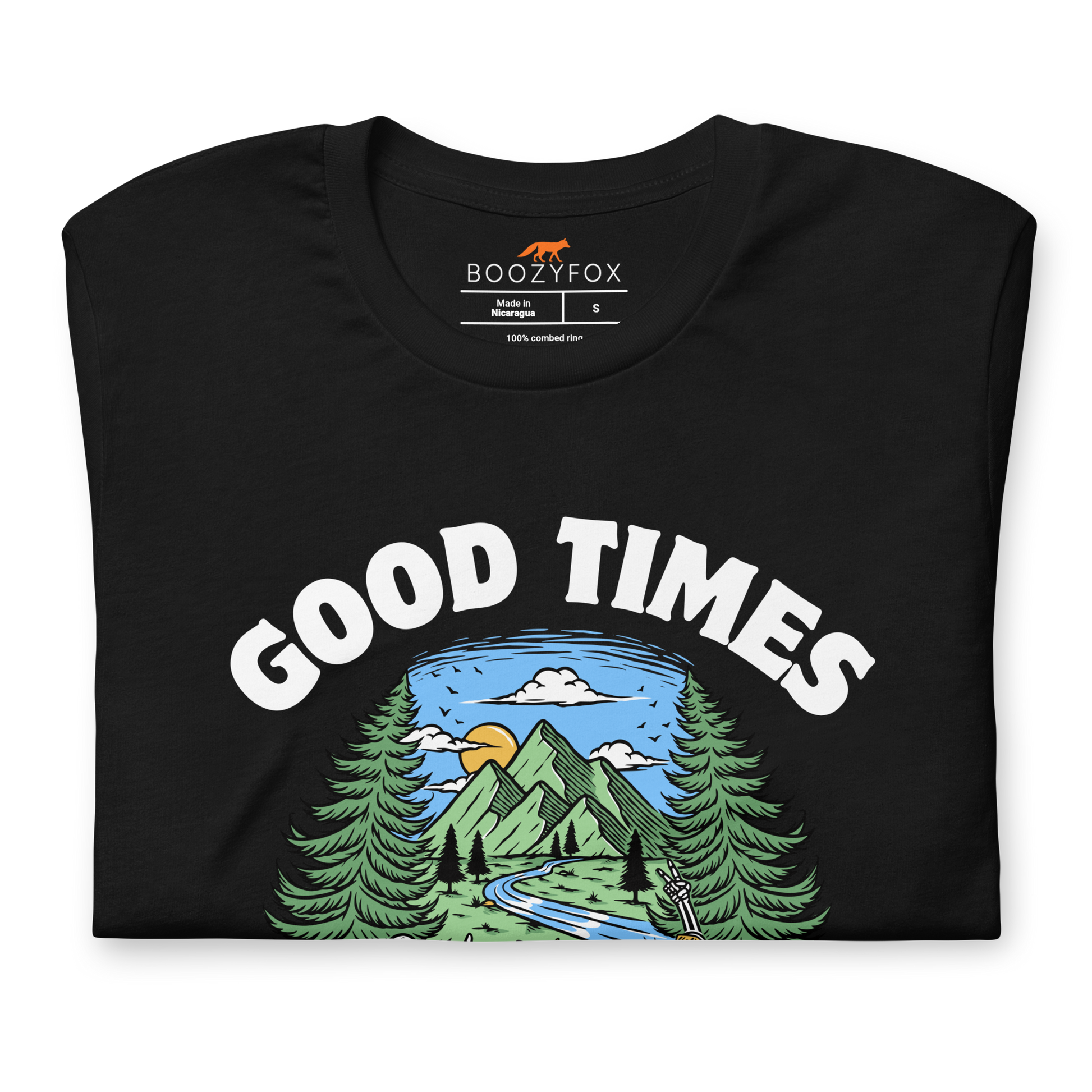 Front details of a Black Premium Good Times Bad Friends Tee featuring a lively graphic of friends enjoying a beer in nature - Funny Graphic Nature Tees - Boozy Fox