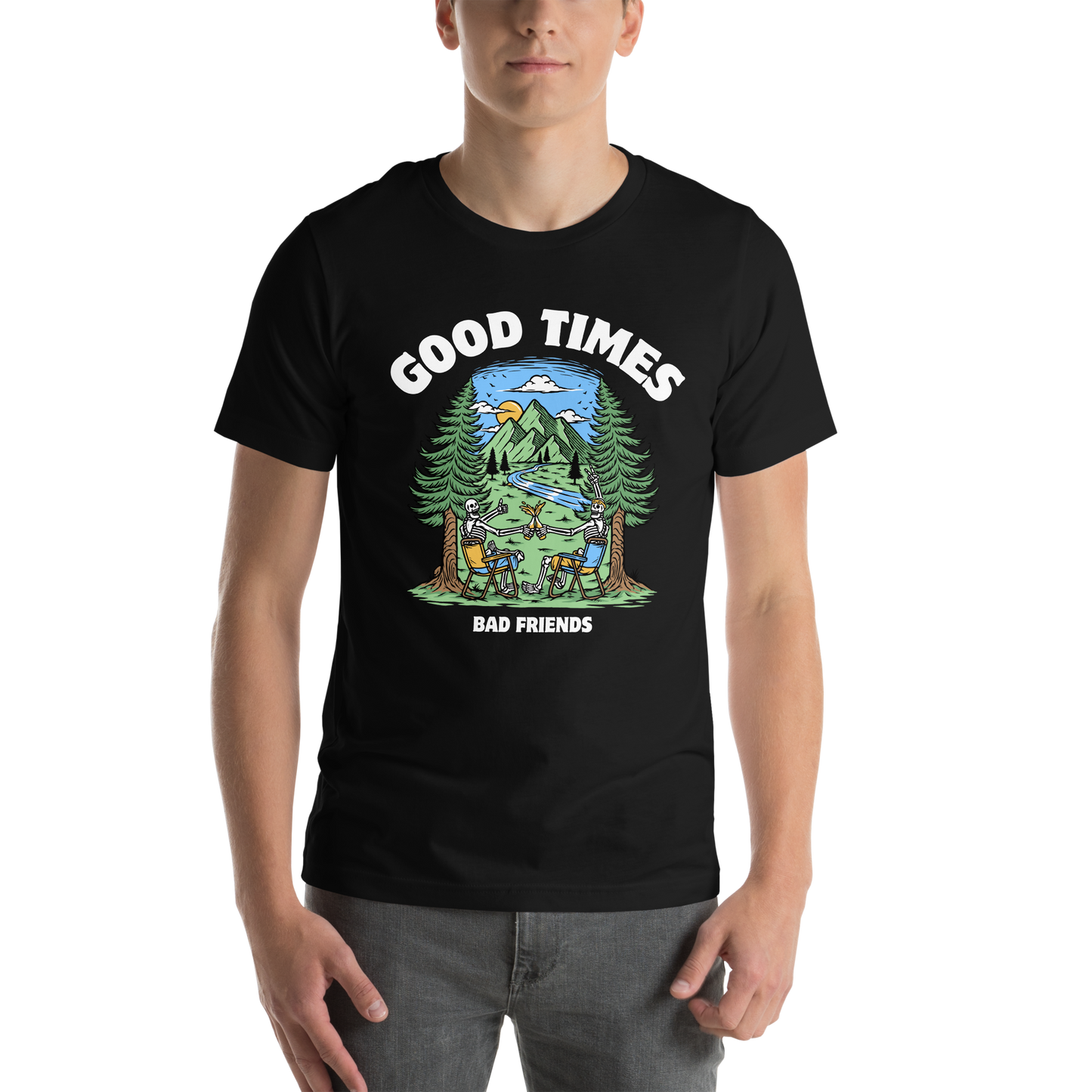 Man wearing a Black Premium Good Times Bad Friends Tee featuring a lively graphic of friends enjoying a beer in nature - Funny Graphic Nature Tees - Boozy Fox