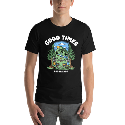 Man wearing a Black Premium Good Times Bad Friends Tee featuring a lively graphic of friends enjoying a beer in nature - Funny Graphic Nature Tees - Boozy Fox