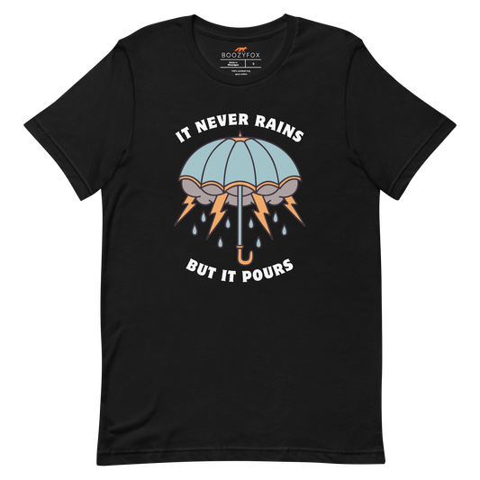 Black Premium Umbrella Tee featuring a unique It Never Rains But It Pours graphic on the chest - Cool Tattoo-Inspired Graphic Umbrella Tees - Boozy Fox