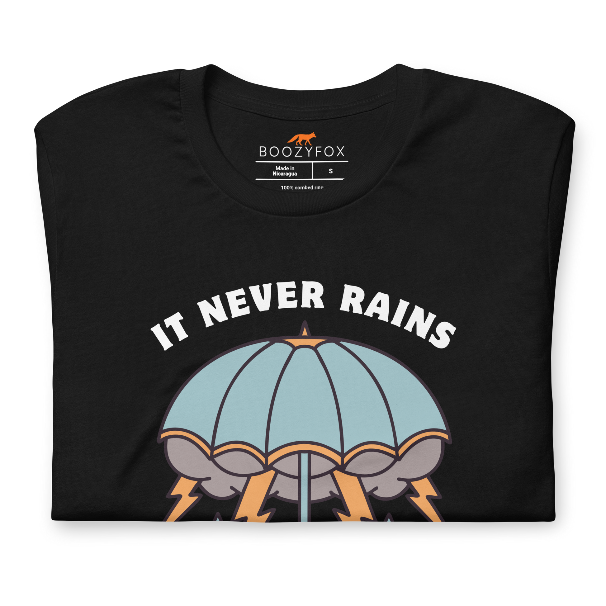 Front details of a Black It Never Rains But It Pours Tee - Boozy Fox