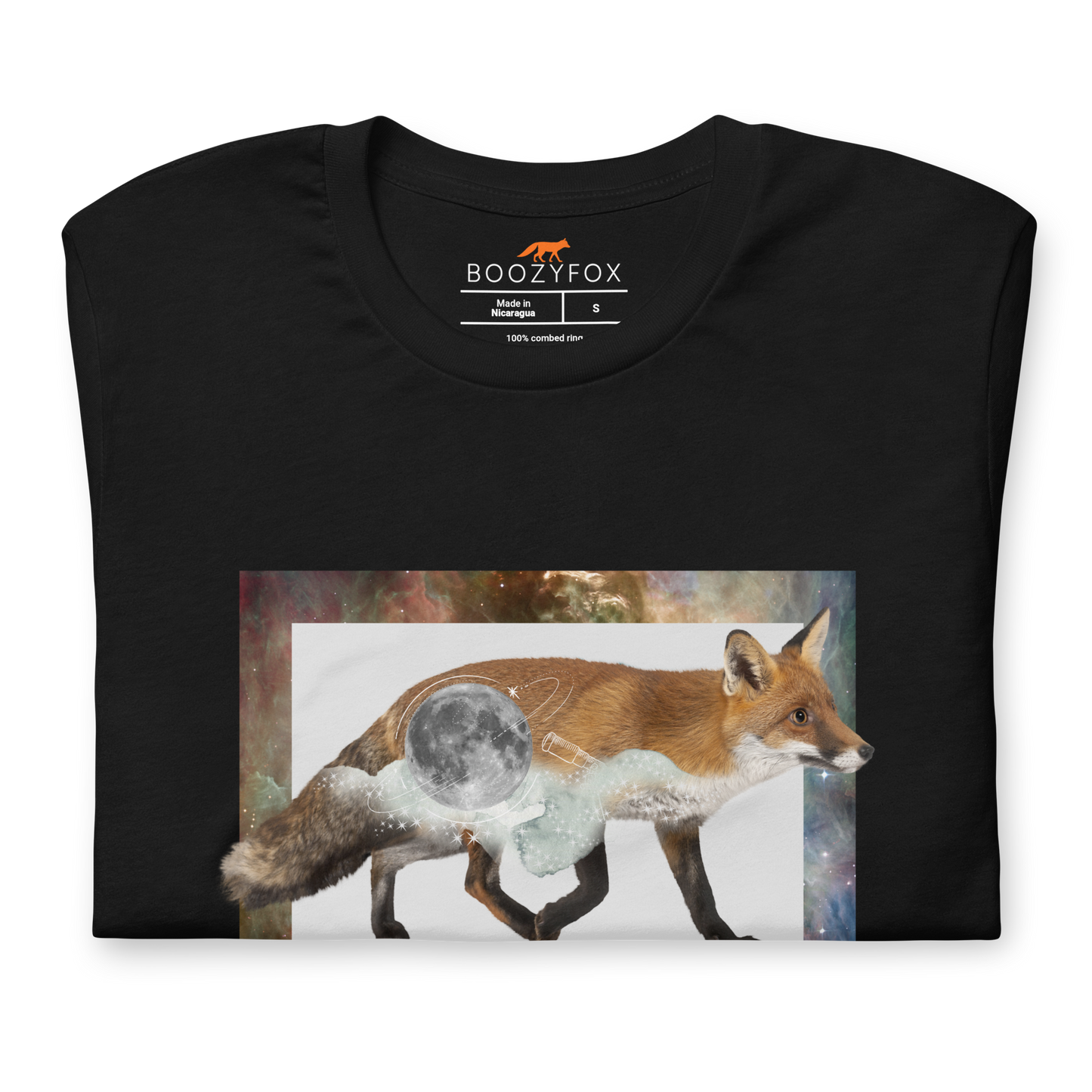 Front details of a Black Premium Fox T-Shirt featuring a stellar Space Fox graphic on the chest - Cool Graphic Fox Tees - Boozy Fox