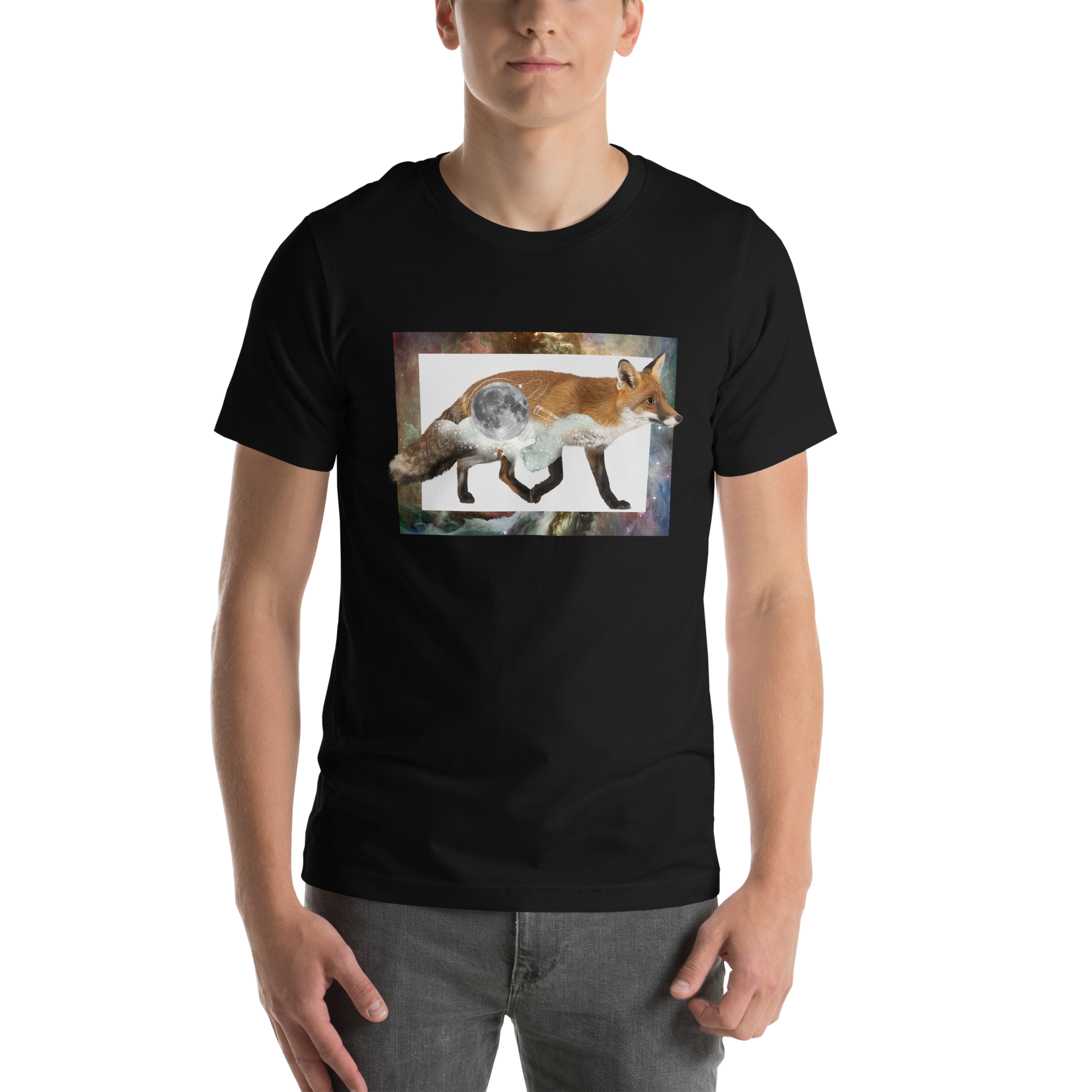 Man wearing a Black Premium Fox T-Shirt featuring a stellar Space Fox graphic on the chest - Cool Graphic Fox Tees - Boozy Fox