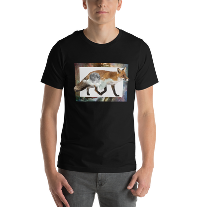 Man wearing a Black Premium Fox T-Shirt featuring a stellar Space Fox graphic on the chest - Cool Graphic Fox Tees - Boozy Fox