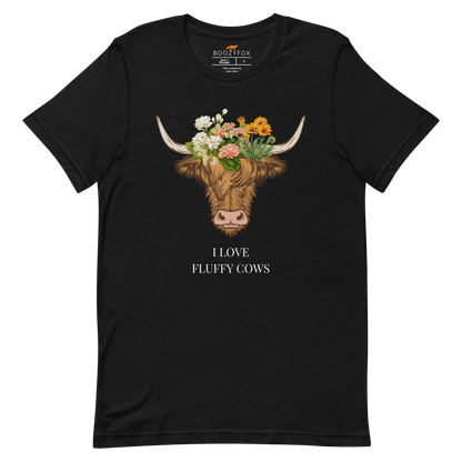 Black Premium Highland Cow Tee featuring an adorable I Love Fluffy Cows graphic on the chest - Cute Graphic Highland Cow Tees - Boozy Fox