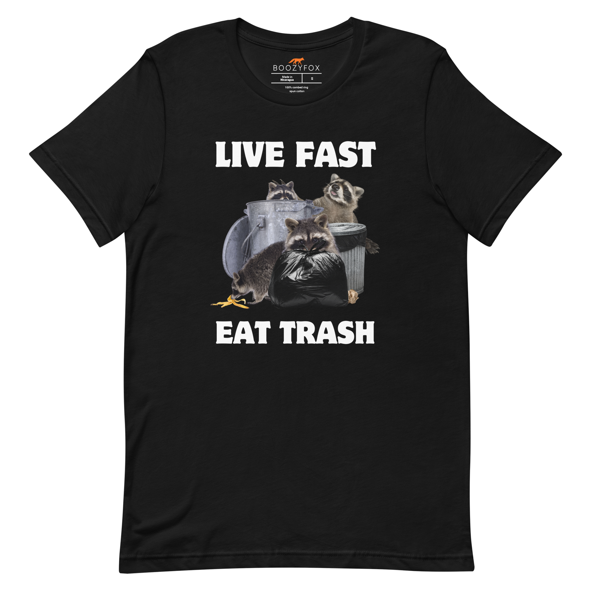 Black Premium Raccoon Tee featuring a funny 'Live Fast Eat Trash' graphic on the chest - Funny Graphic Raccoon Tees - Boozy Fox