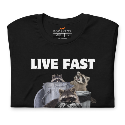 Front details of a Black Premium Raccoon Tee featuring a funny 'Live Fast Eat Trash' graphic on the chest - Funny Graphic Raccoon Tees - Boozy Fox