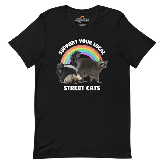 Black Premium Street Cats Tee featuring a funny 'Support Your Local Street Cats' graphic on the chest - Funny Graphic Animal Tees - Boozy Fox
