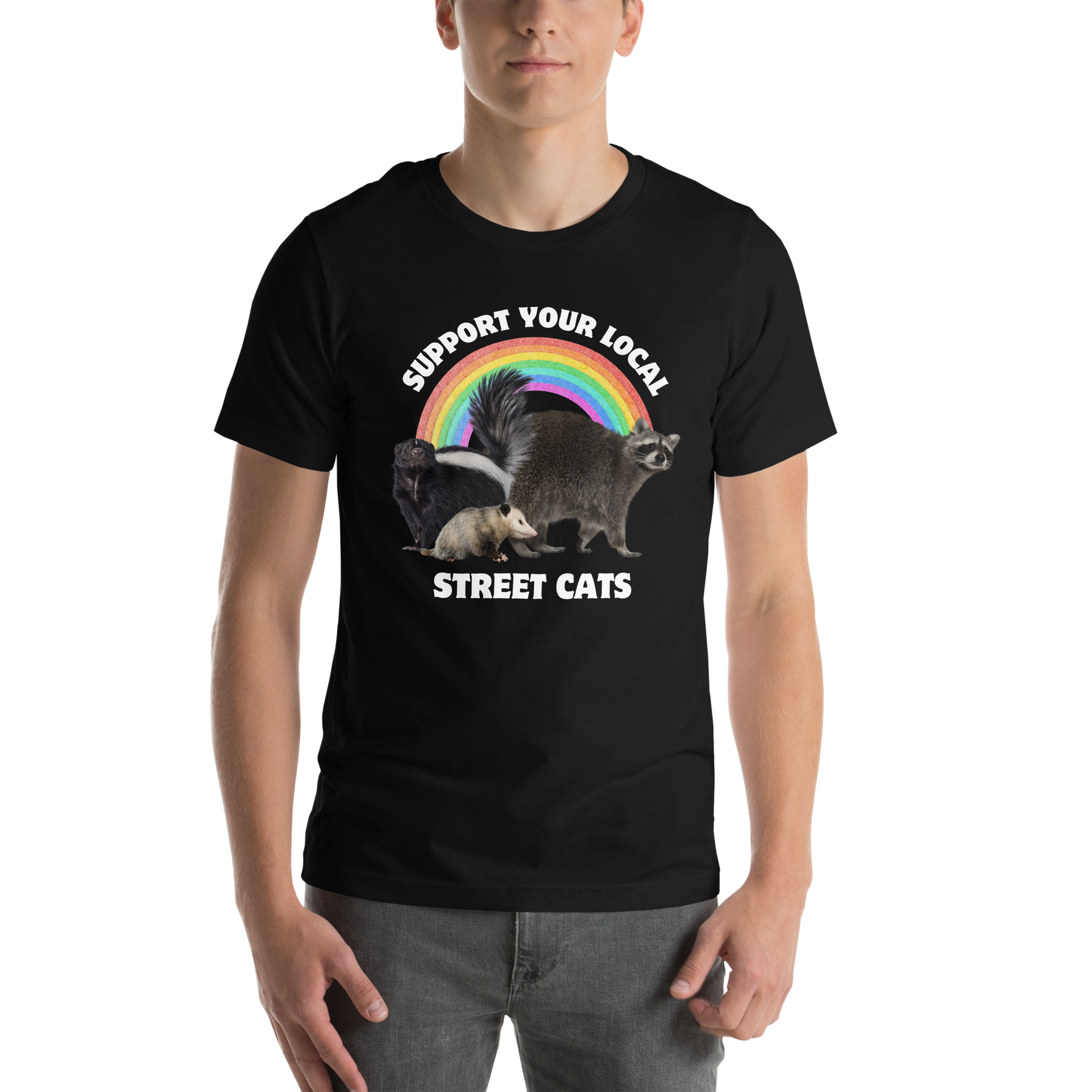 Man wearing a Black Premium Street Cats Tee featuring a funny 'Support Your Local Street Cats' graphic on the chest - Funny Graphic Animal Tees - Boozy Fox