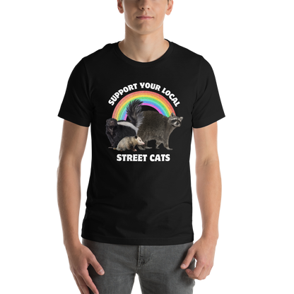 Man wearing a Black Premium Street Cats Tee featuring a funny 'Support Your Local Street Cats' graphic on the chest - Funny Graphic Animal Tees - Boozy Fox