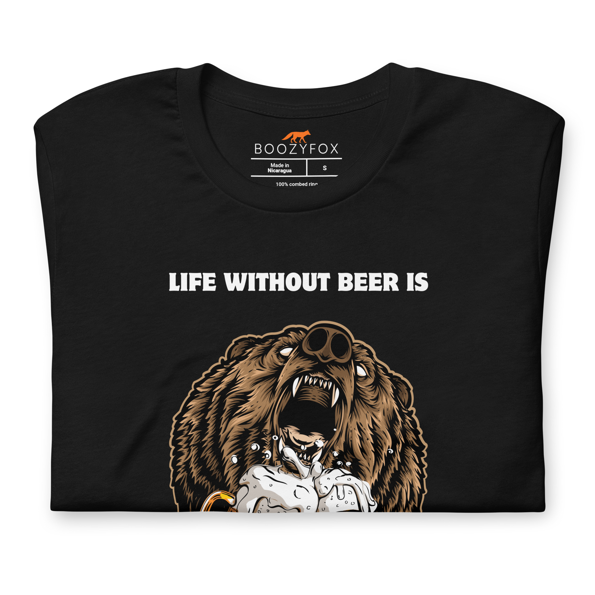 Front details of a Black Premium Bear Tee featuring a Life Without Beer Is Unbeerable graphic design on the chest - Funny Graphic Bear Tees - Boozy Fox