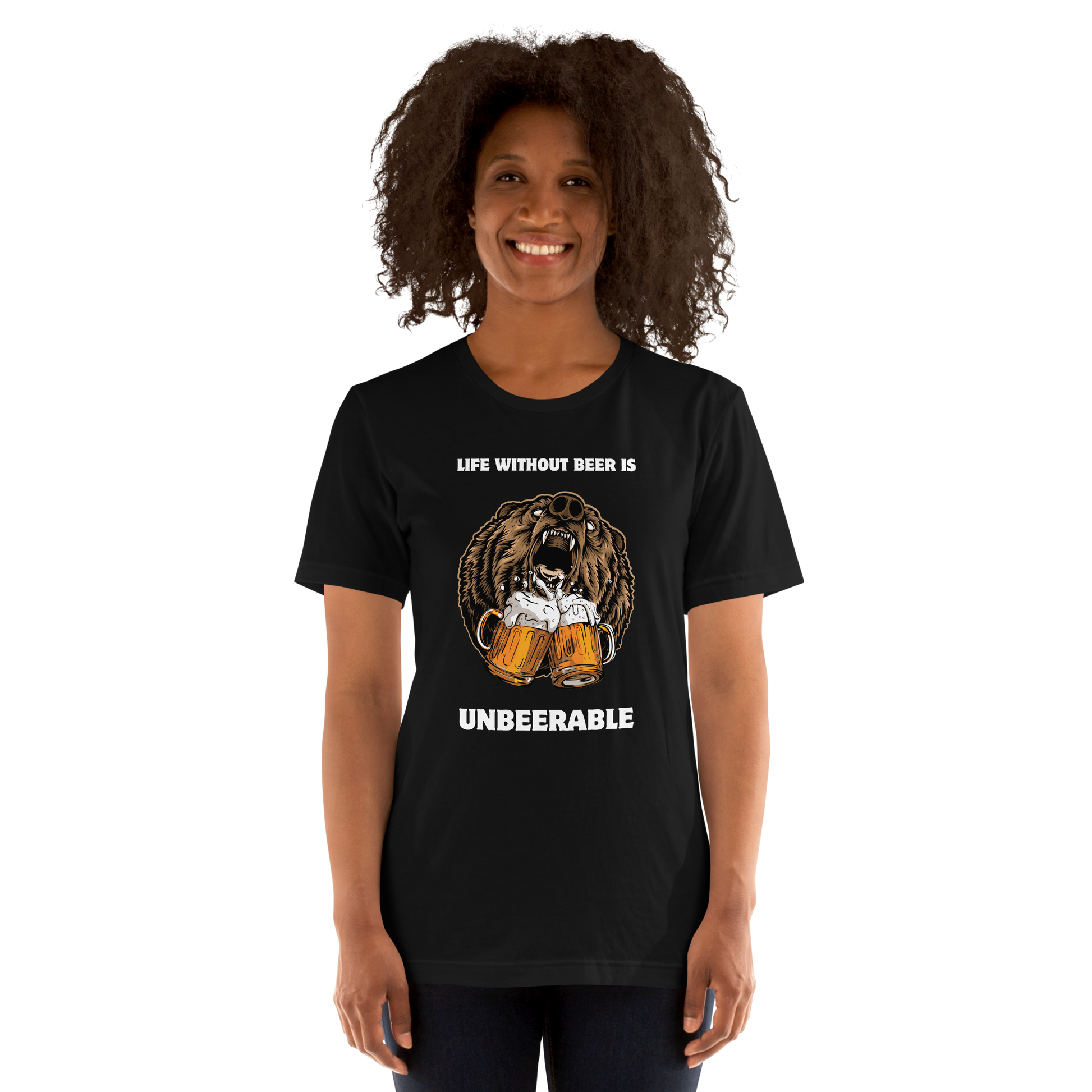 Woman wearing a Black Premium Bear Tee featuring a Life Without Beer Is Unbeerable graphic design on the chest - Funny Graphic Bear Tees - Boozy Fox