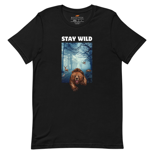 Black Premium Bear Tee featuring a Stay Wild graphic on the chest - Cool Graphic Bear Tees - Boozy Fox