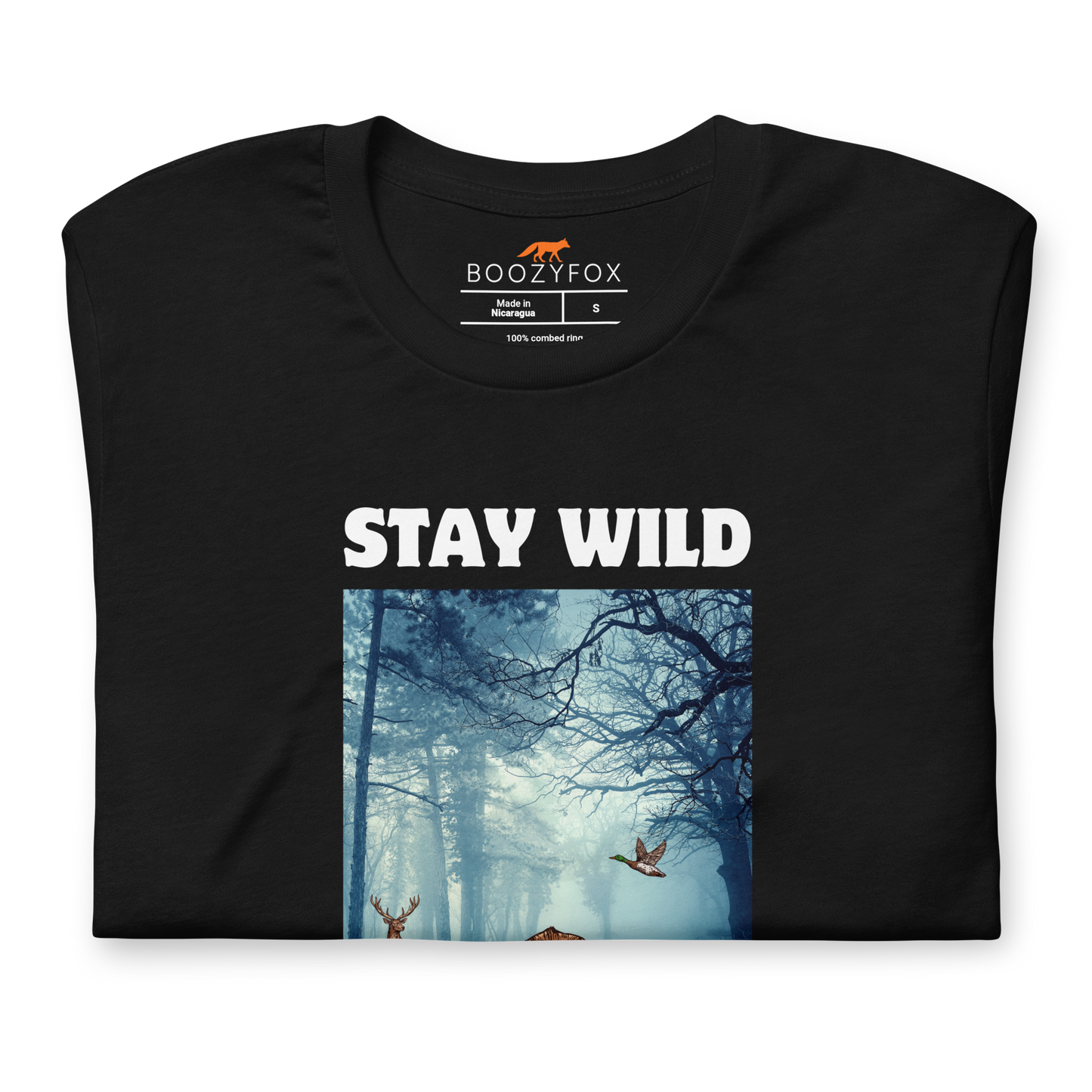 Front details of a Black Premium Bear Tee featuring a Stay Wild graphic on the chest - Cool Graphic Bear Tees - Boozy Fox