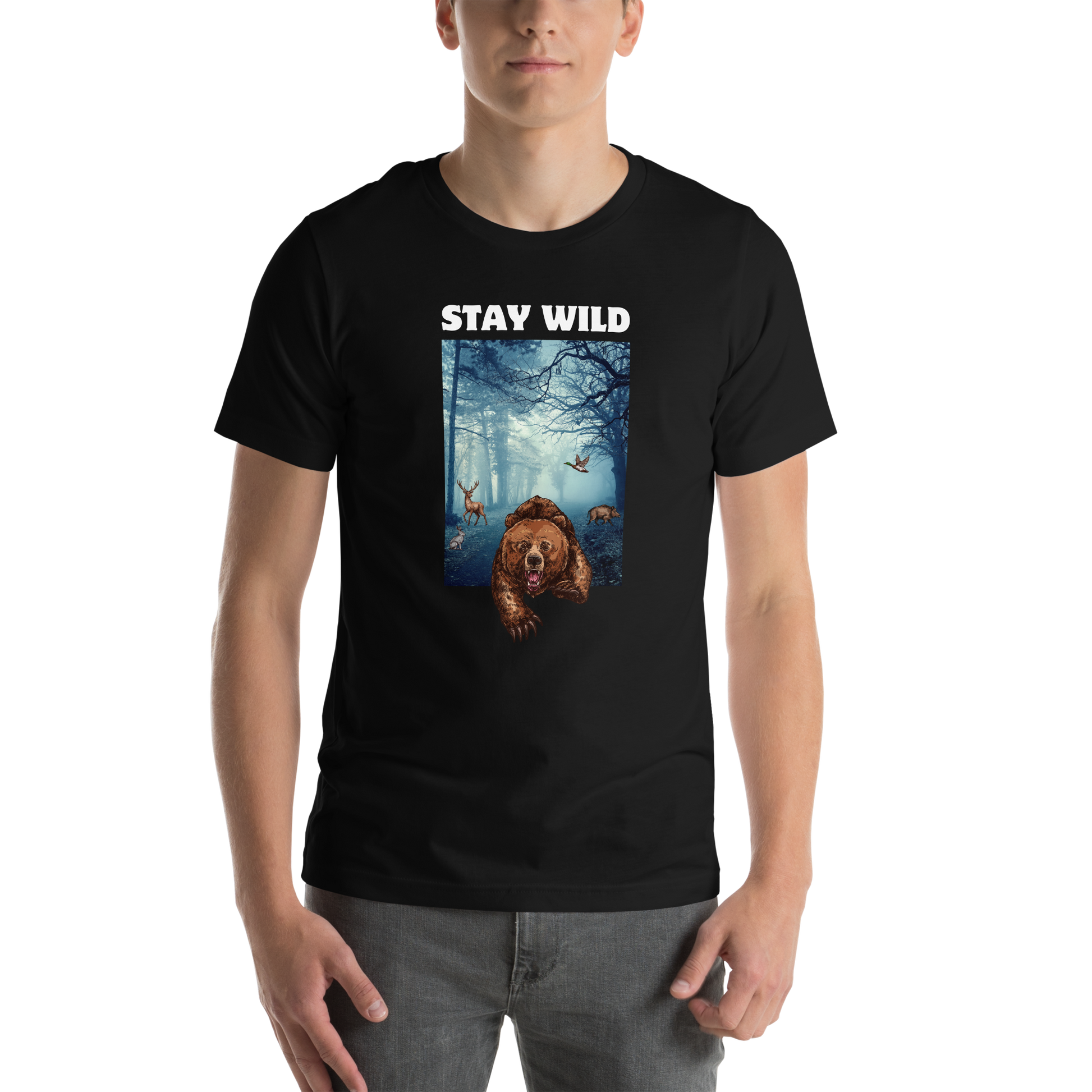 Man wearing a Black Premium Bear Tee featuring a Stay Wild graphic on the chest - Cool Graphic Bear Tees - Boozy Fox