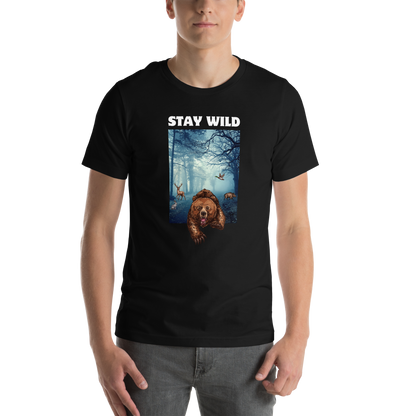 Man wearing a Black Premium Bear Tee featuring a Stay Wild graphic on the chest - Cool Graphic Bear Tees - Boozy Fox