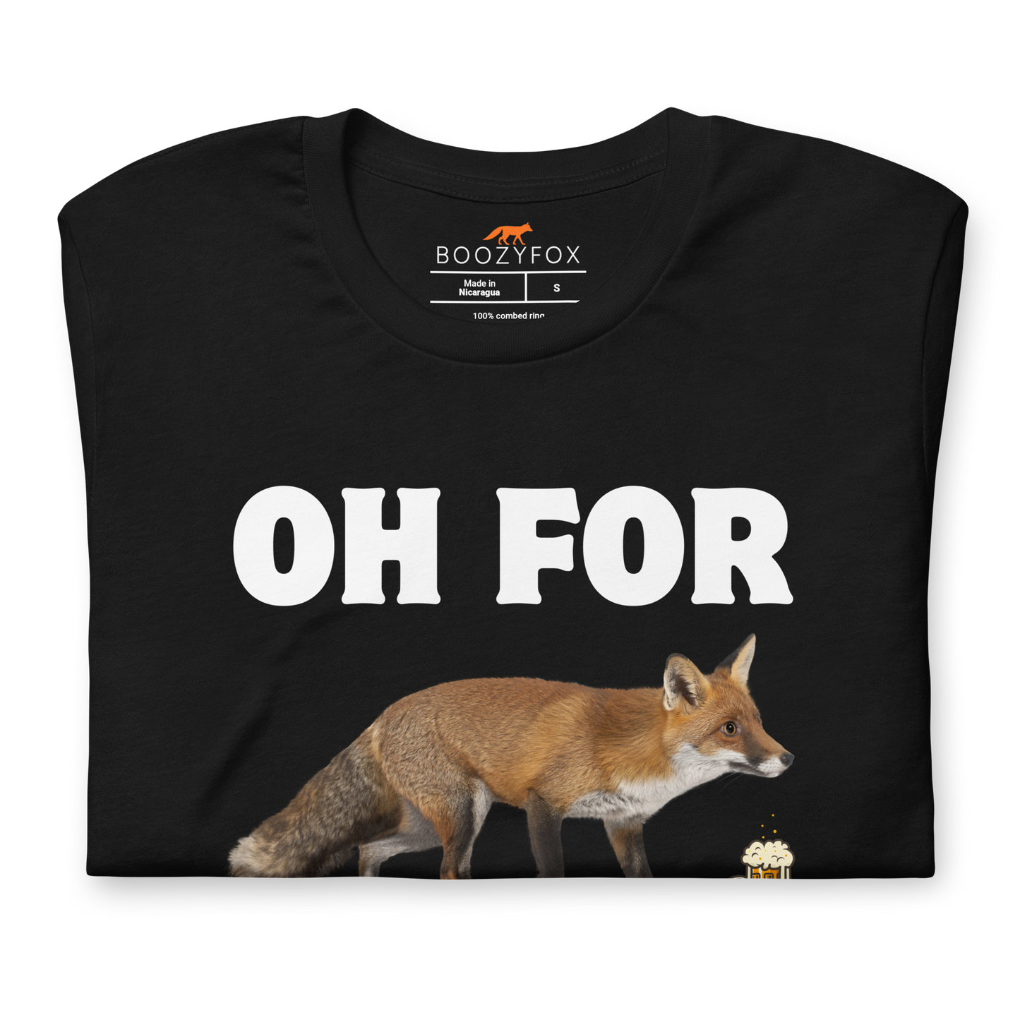 Front details of a Black Premium Fox T-Shirt featuring a Oh For Fox Sake graphic on the chest - Funny Graphic Fox Tees - Boozy Fox
