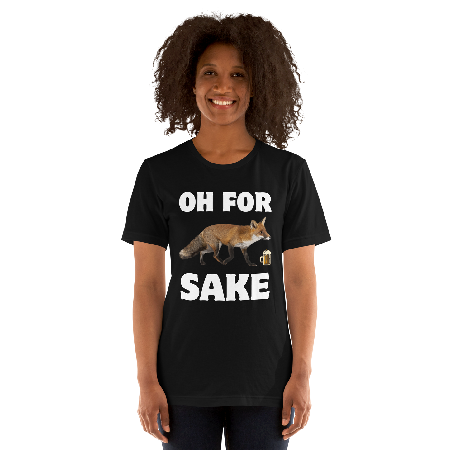 Woman wearing a Black Premium Fox T-Shirt featuring a Oh For Fox Sake graphic on the chest - Funny Graphic Fox Tees - Boozy Fox