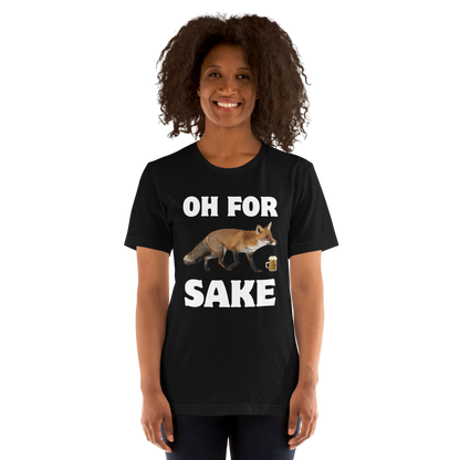 Woman wearing a Black Premium Fox T-Shirt featuring a Oh For Fox Sake graphic on the chest - Funny Graphic Fox Tees - Boozy Fox