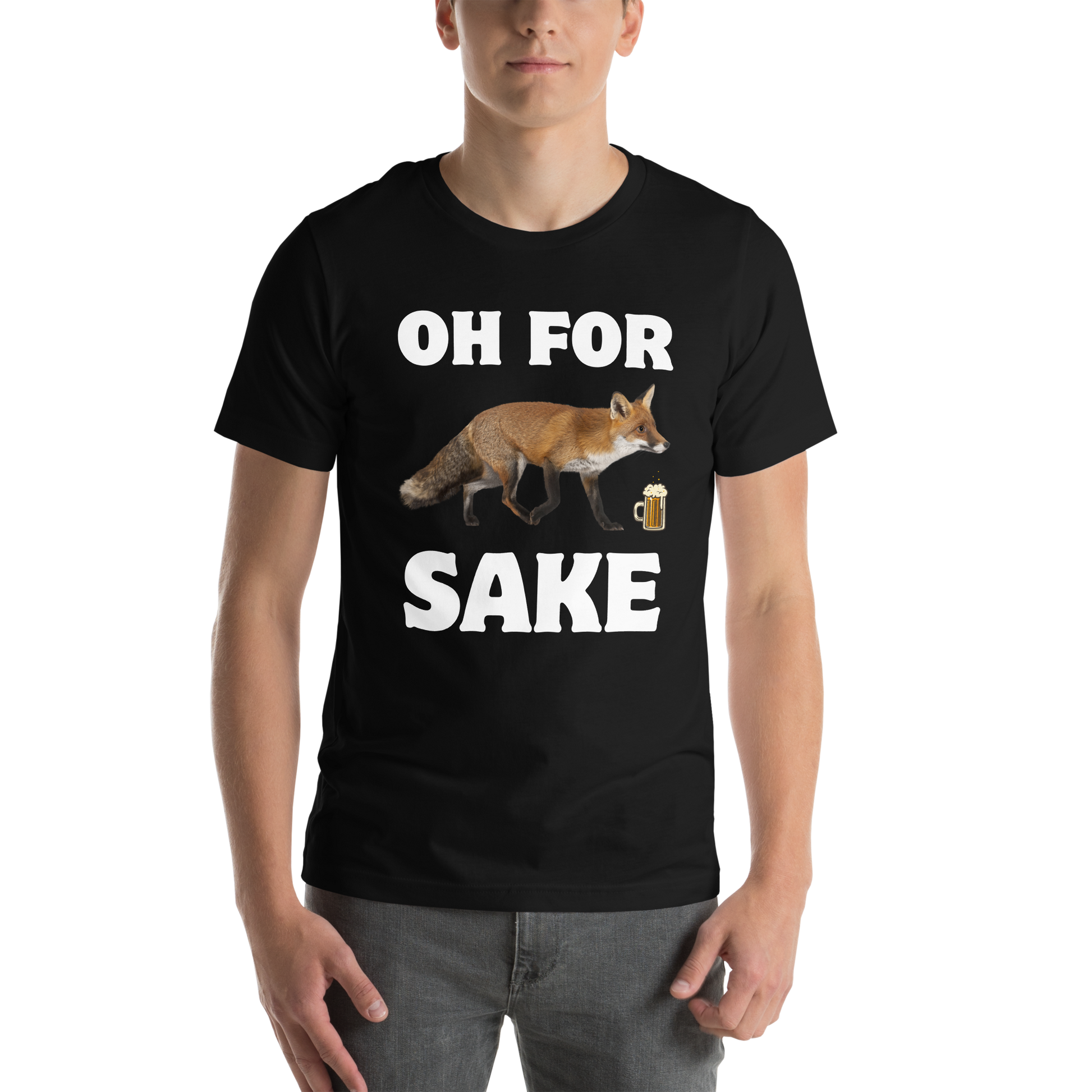 Man wearing a Black Premium Fox T-Shirt featuring a Oh For Fox Sake graphic on the chest - Funny Graphic Fox Tees - Boozy Fox