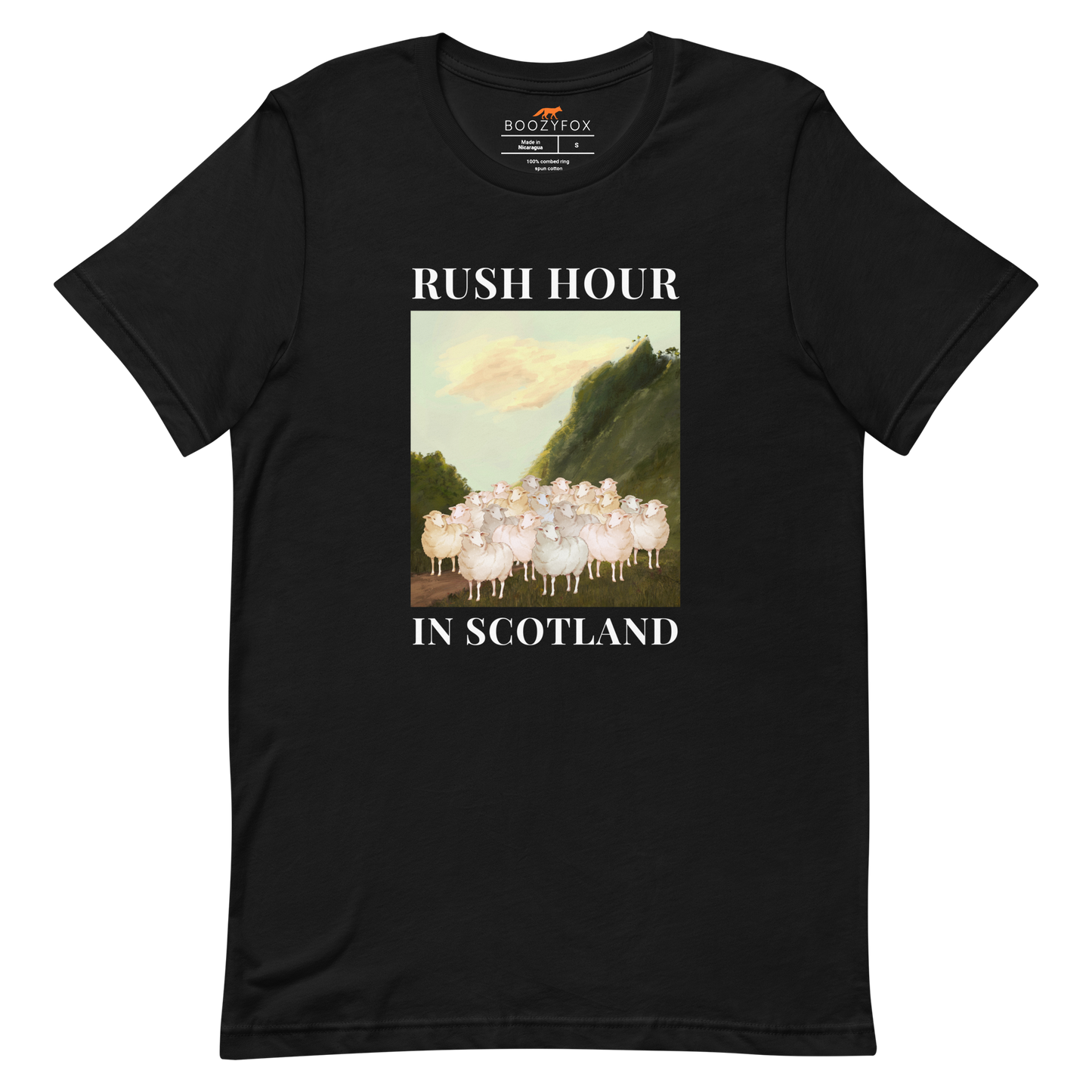 Black Premium Sheep T-Shirt featuring a comical Rush Hour In Scotland graphic on the chest - Artsy/Funny Graphic Sheep Tees - Boozy Fox