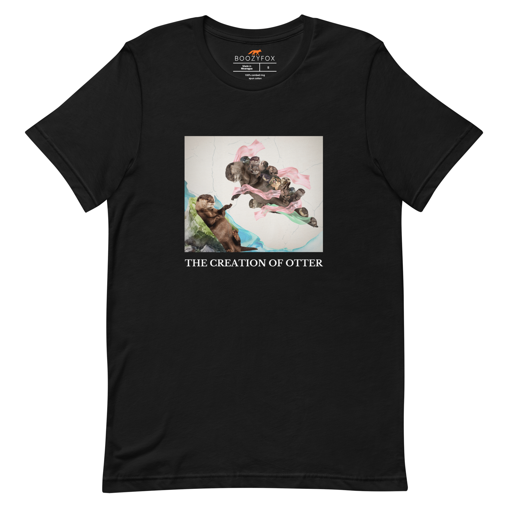 Black Premium Otter Tee featuring a playful The Creation of Otter parody of Michelangelo's masterpiece - Artsy/Funny Graphic Otter Tees - Boozy Fox
